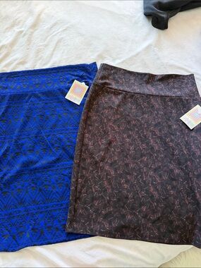 Lularoe Women’s Blue Geometric & Brown Patterned Skirt Duo -